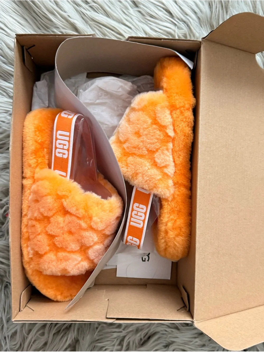 UGG Orange Plush Shearling Slide Sandals with Branded Strap